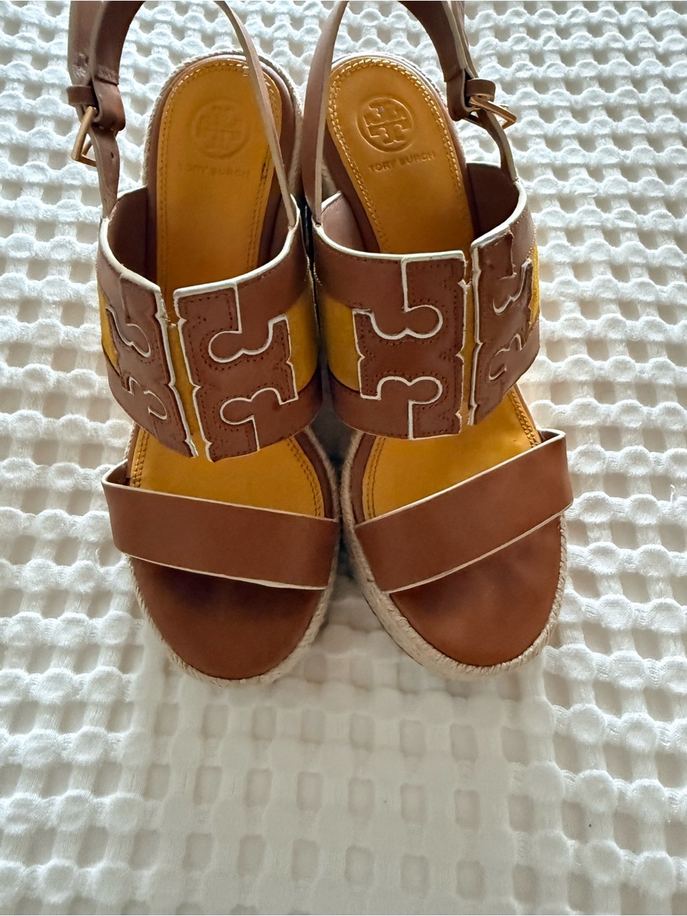 Tory Burch Brown Leather Espadrille Wedge Sandals with Yellow Insole